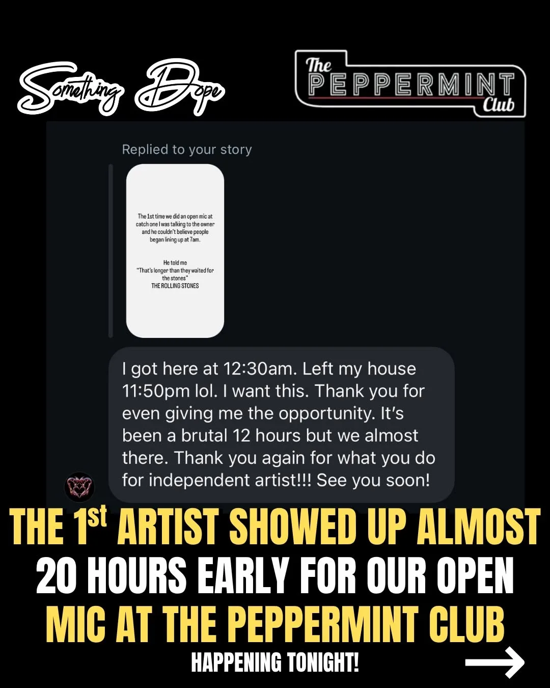 An artist first in line outside The Peppermint Club, having arrived at 12:30 in the morning